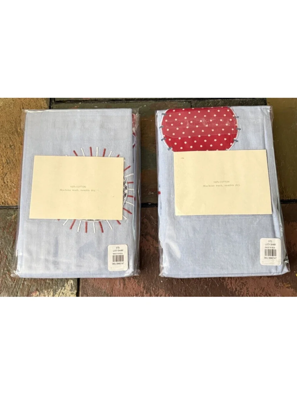 Pottery Barn Bed Bath Lucy Cotton Blue Multi Appliquéd STANDARD Sham Set 2pc
